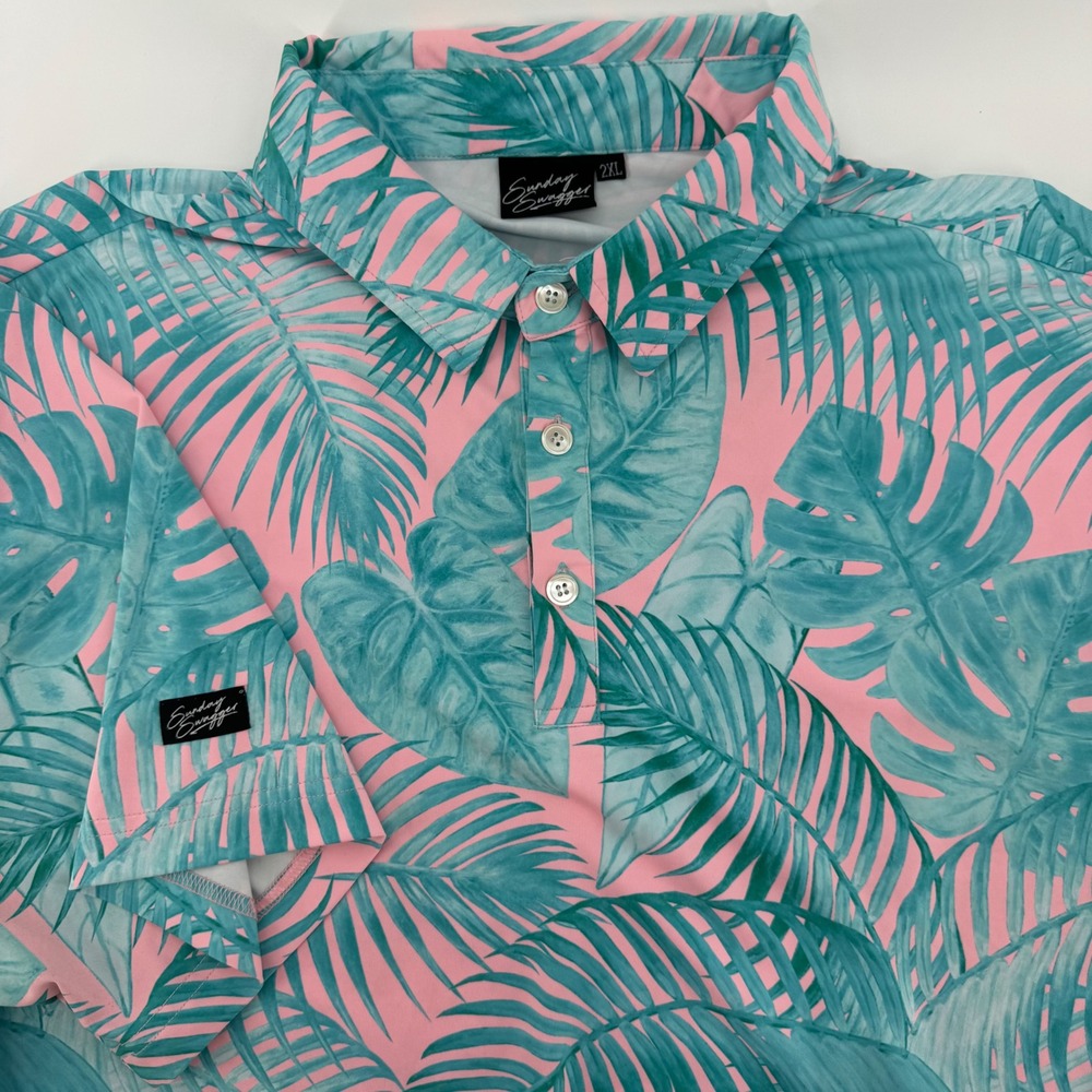 Sunday Swagger Mens 2XL Pink Teal Tropical Palm Leaf Performance Golf Polo Shirt